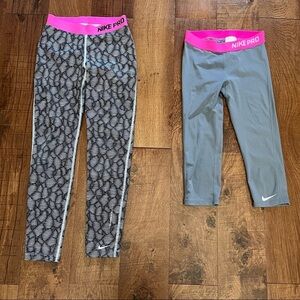 Nike pro leggings 2 pairs crop full length girls Sz large 14/16 pink gray